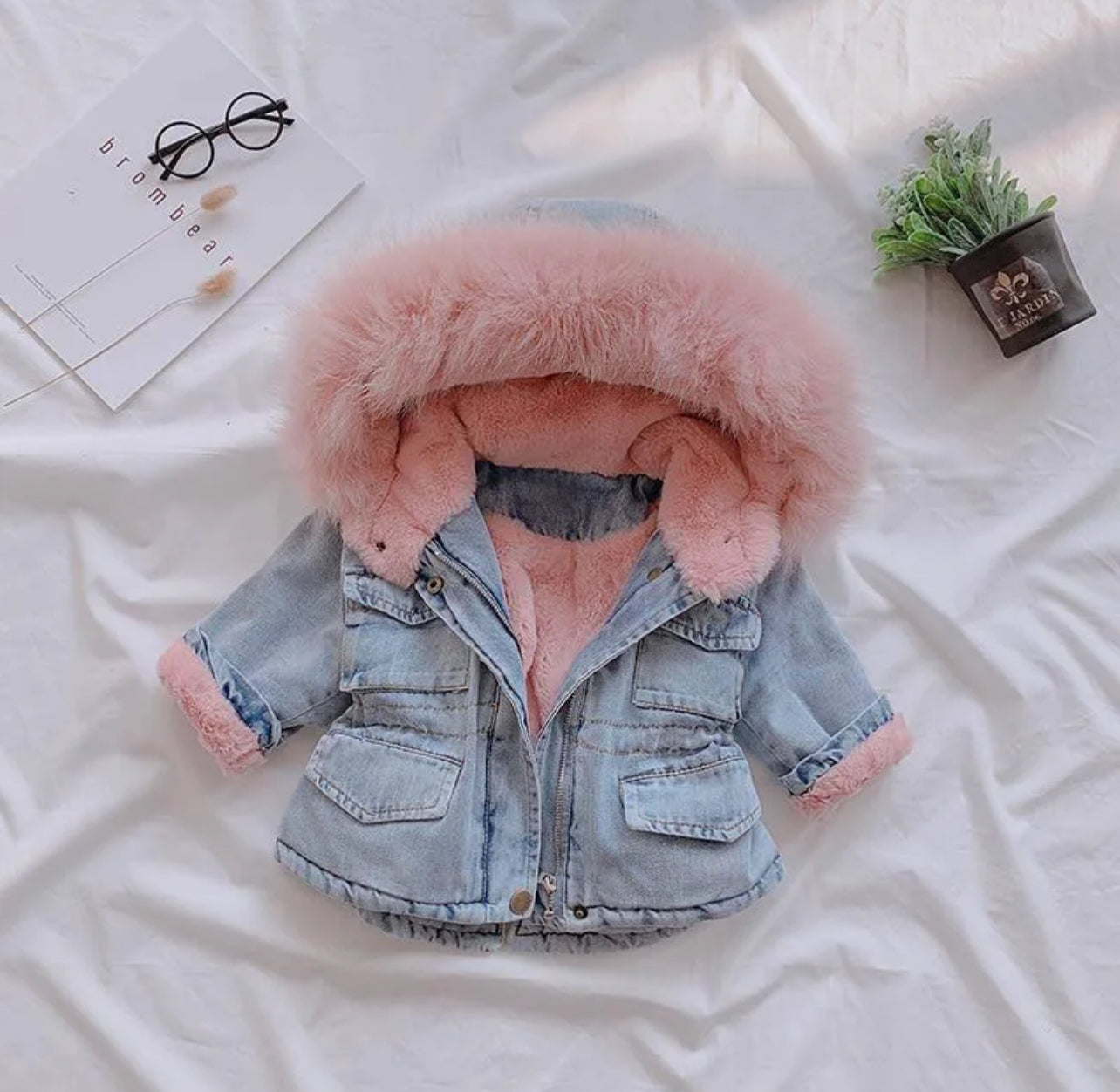 Pink fluffy denim jacket hotsell